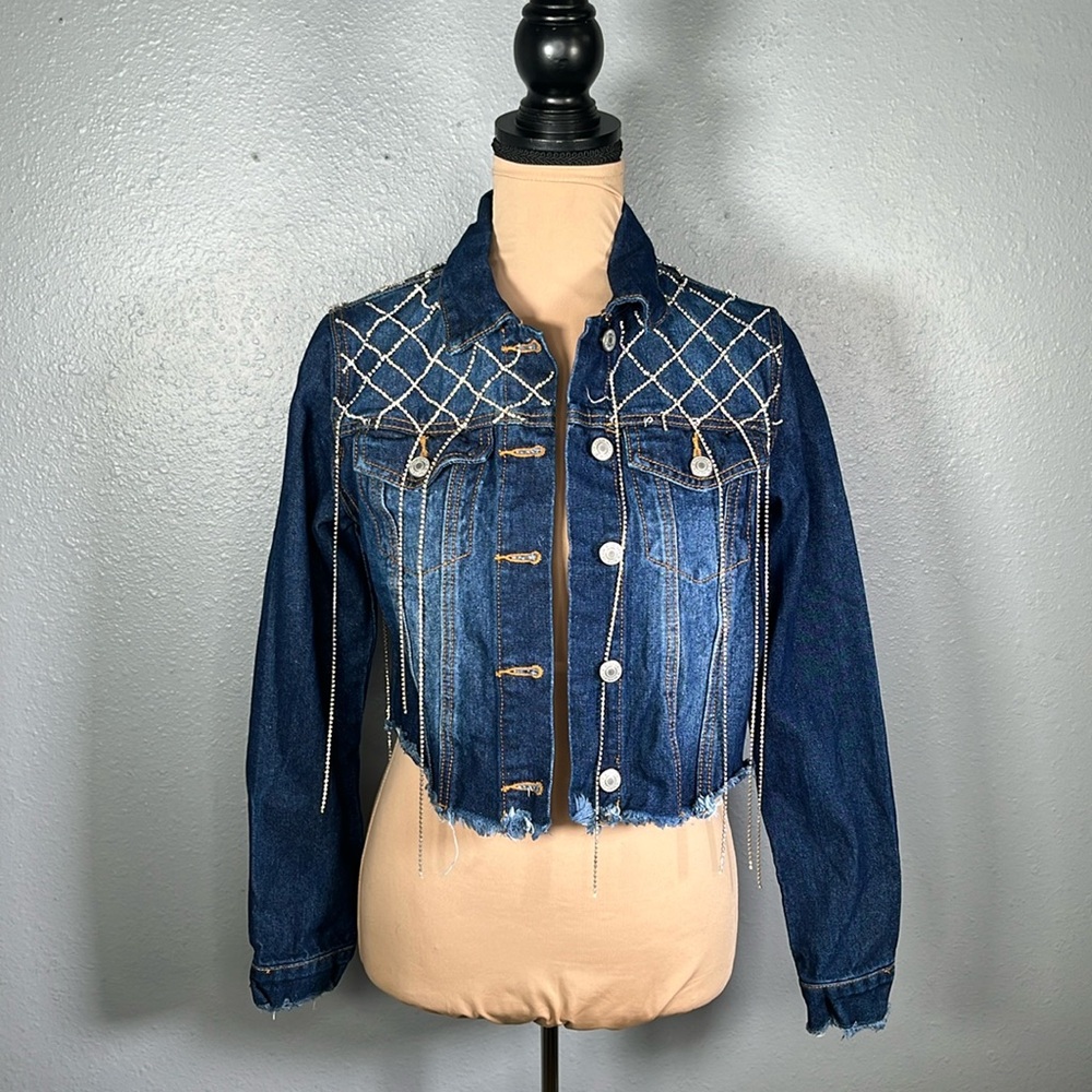 Rodeo Barbie cowgirl rhinestone embellished fringe jean denim jacket S western